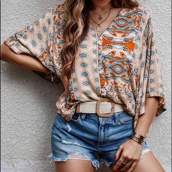 Boho paisley Print Batwing Top Blouse - Picture 3 of 7